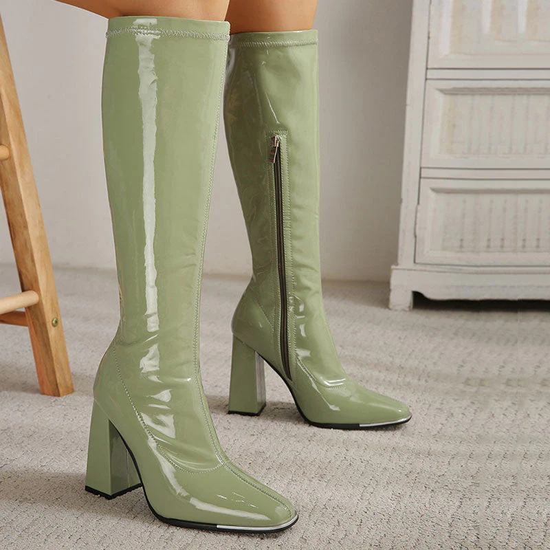 Striking Square Toe Patent Leather Block Heel Knee High Boots - Olive Green - Image 2