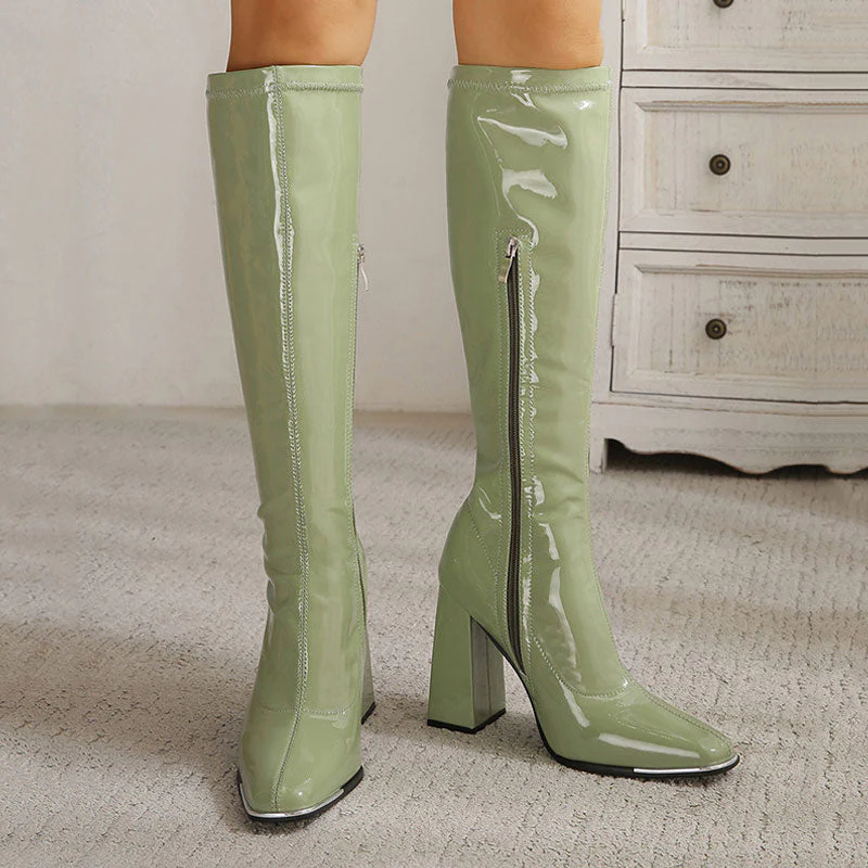 Striking Square Toe Patent Leather Block Heel Knee High Boots - Olive Green - Image 3
