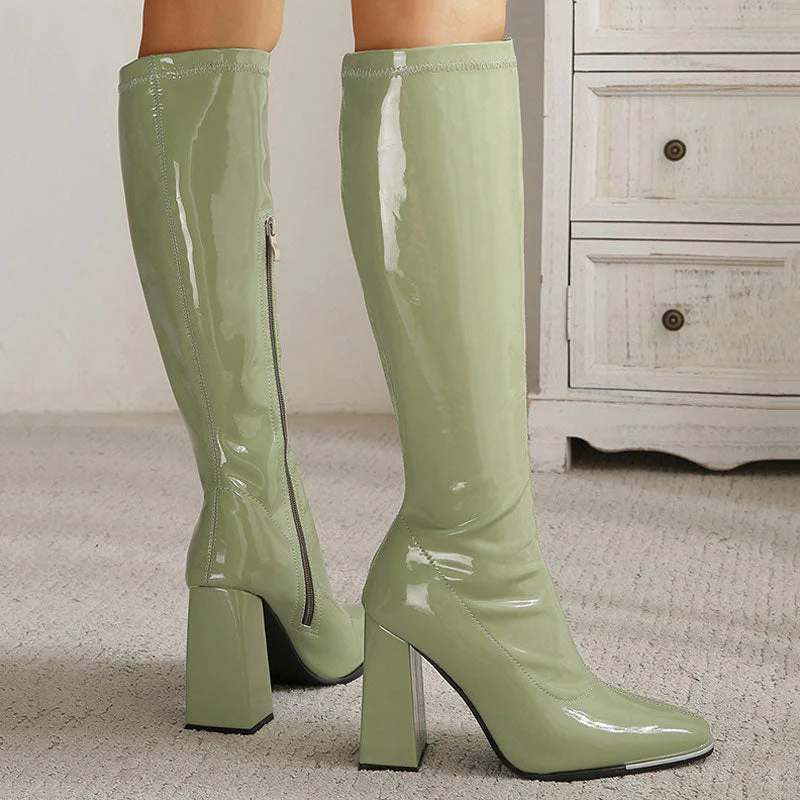 Striking Square Toe Patent Leather Block Heel Knee High Boots - Olive Green - Image 4