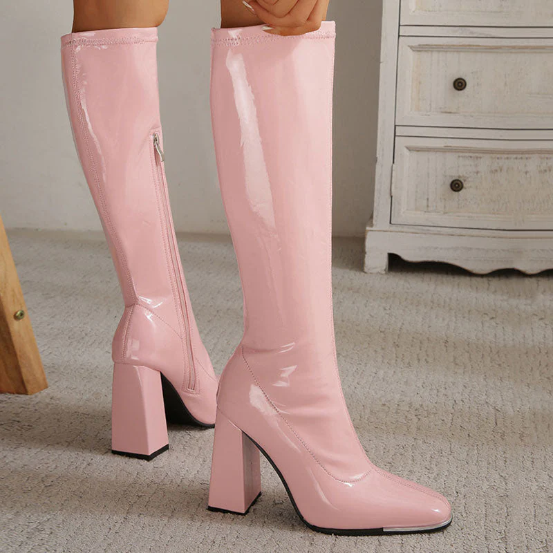 Striking Square Toe Patent Leather Block Heel Knee High Boots - Pink - Image 2