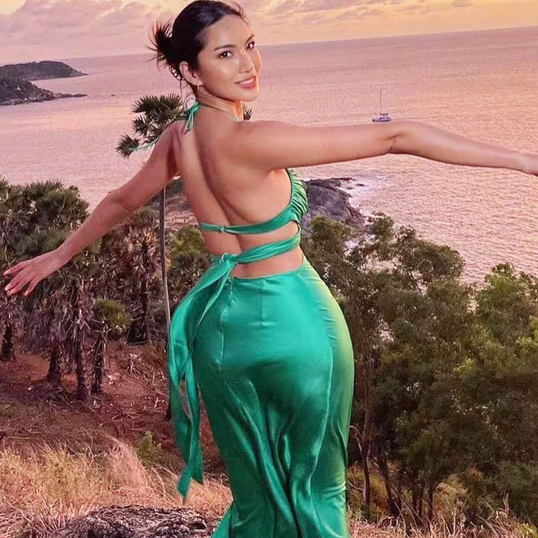 Striking Tie Back Twist Front Cut Out Satin Slip Maxi Dress - Green - Image 2
