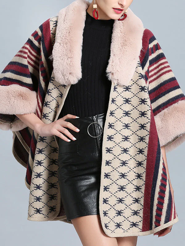 Stripe Bordeus Fluffy Neck Plus Size Cape Cardigan - Image 10