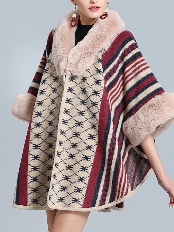 Stripe Bordeus Fluffy Neck Plus Size Cape Cardigan - Image 12