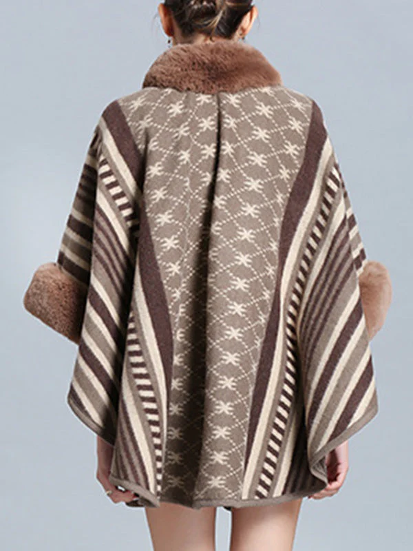 Stripe Bordeus Fluffy Neck Plus Size Cape Cardigan - Image 15
