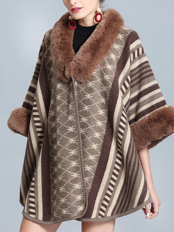 Stripe Bordeus Fluffy Neck Plus Size Cape Cardigan - Image 16