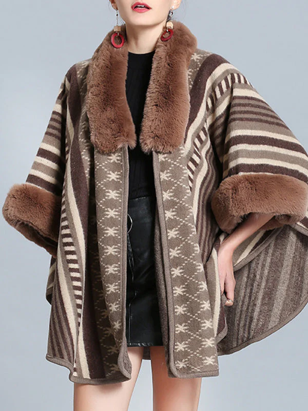 Stripe Bordeus Fluffy Neck Plus Size Cape Cardigan - Image 17