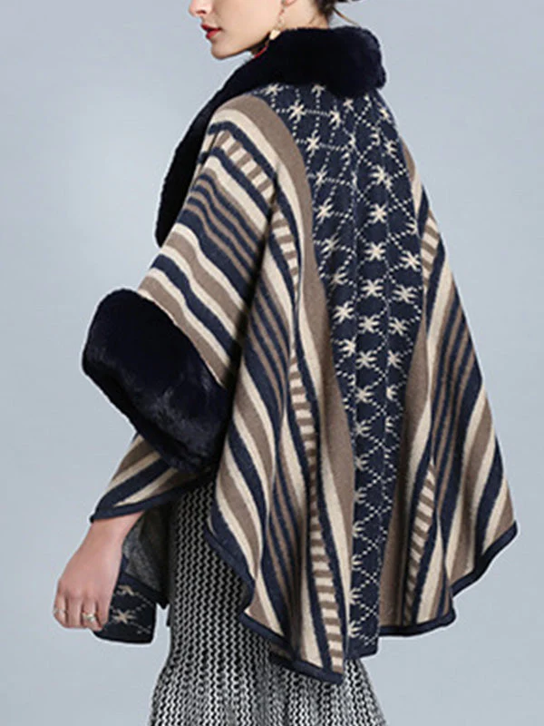 Stripe Bordeus Fluffy Neck Plus Size Cape Cardigan - Image 18