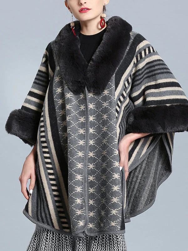 Stripe Bordeus Fluffy Neck Plus Size Cape Cardigan - Image 5