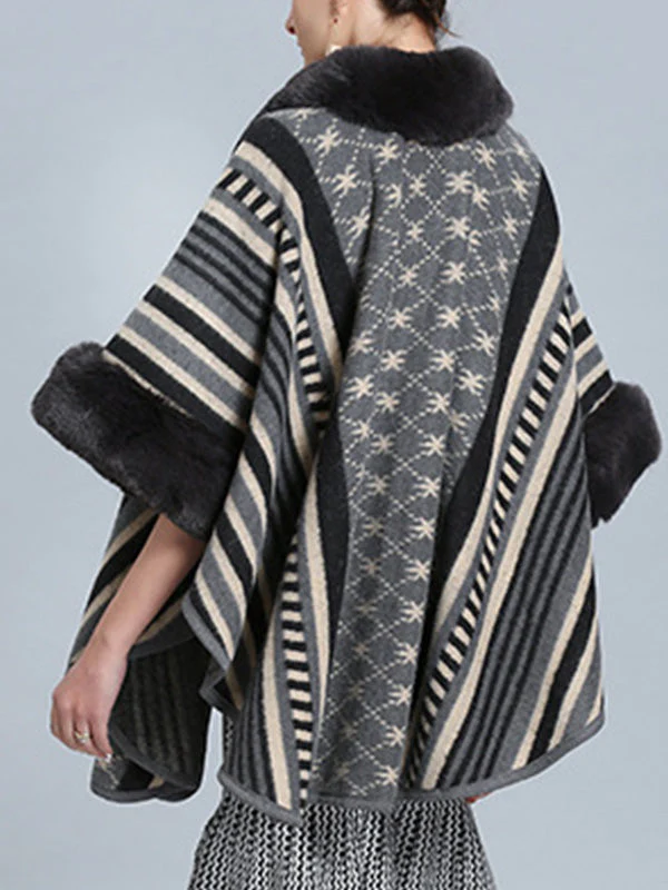 Stripe Bordeus Fluffy Neck Plus Size Cape Cardigan - Image 6