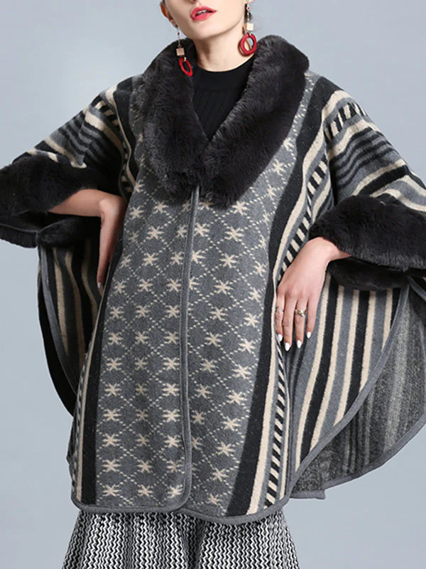 Stripe Bordeus Fluffy Neck Plus Size Cape Cardigan - Image 7