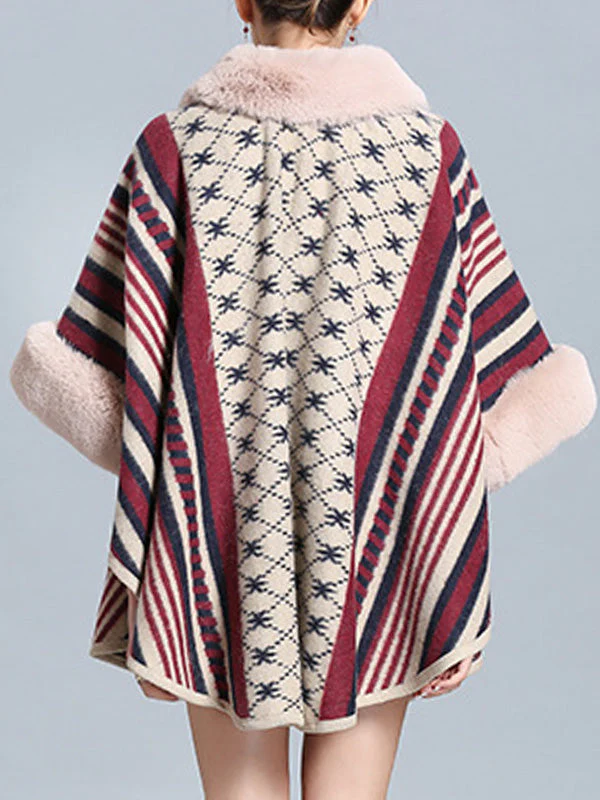 Stripe Bordeus Fluffy Neck Plus Size Cape Cardigan - Image 8