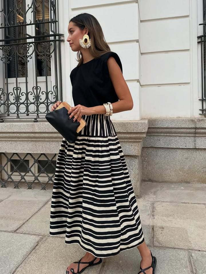 Stripe Print Pleated A-Line Skirt - Image 3
