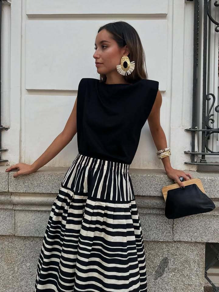 Stripe Print Pleated A-Line Skirt - Image 4