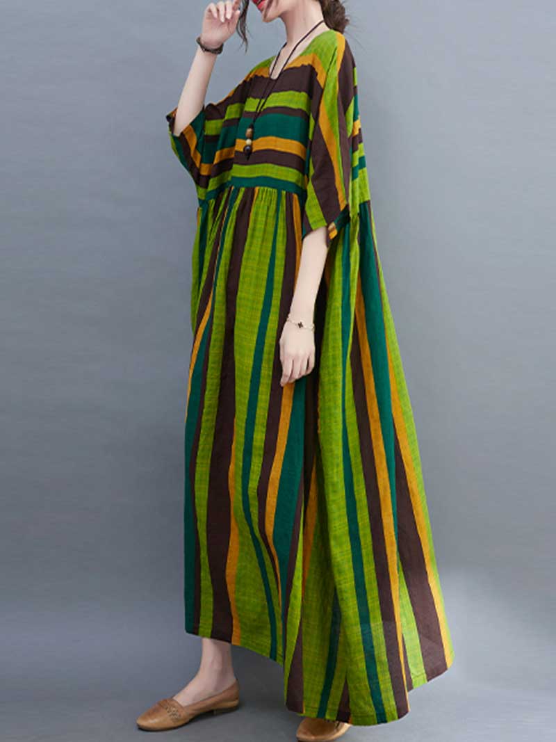 Striped Cotton Short-Sleeves A-Line Dress - Image 3