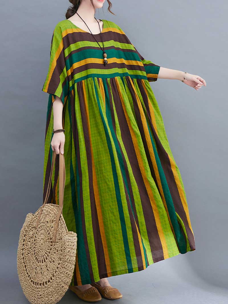 Striped Cotton Short-Sleeves A-Line Dress - Image 4