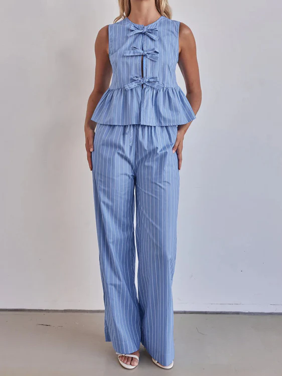 Striped Crew Neck Sleeveless Top Set - Image 3