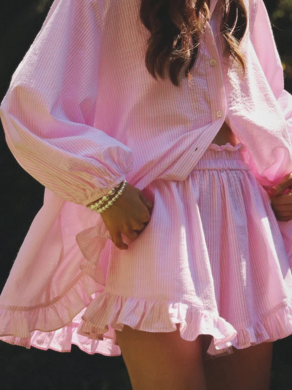 Striped Lapel Bubble Sleeve Ruffle Shorts Set - Image 5