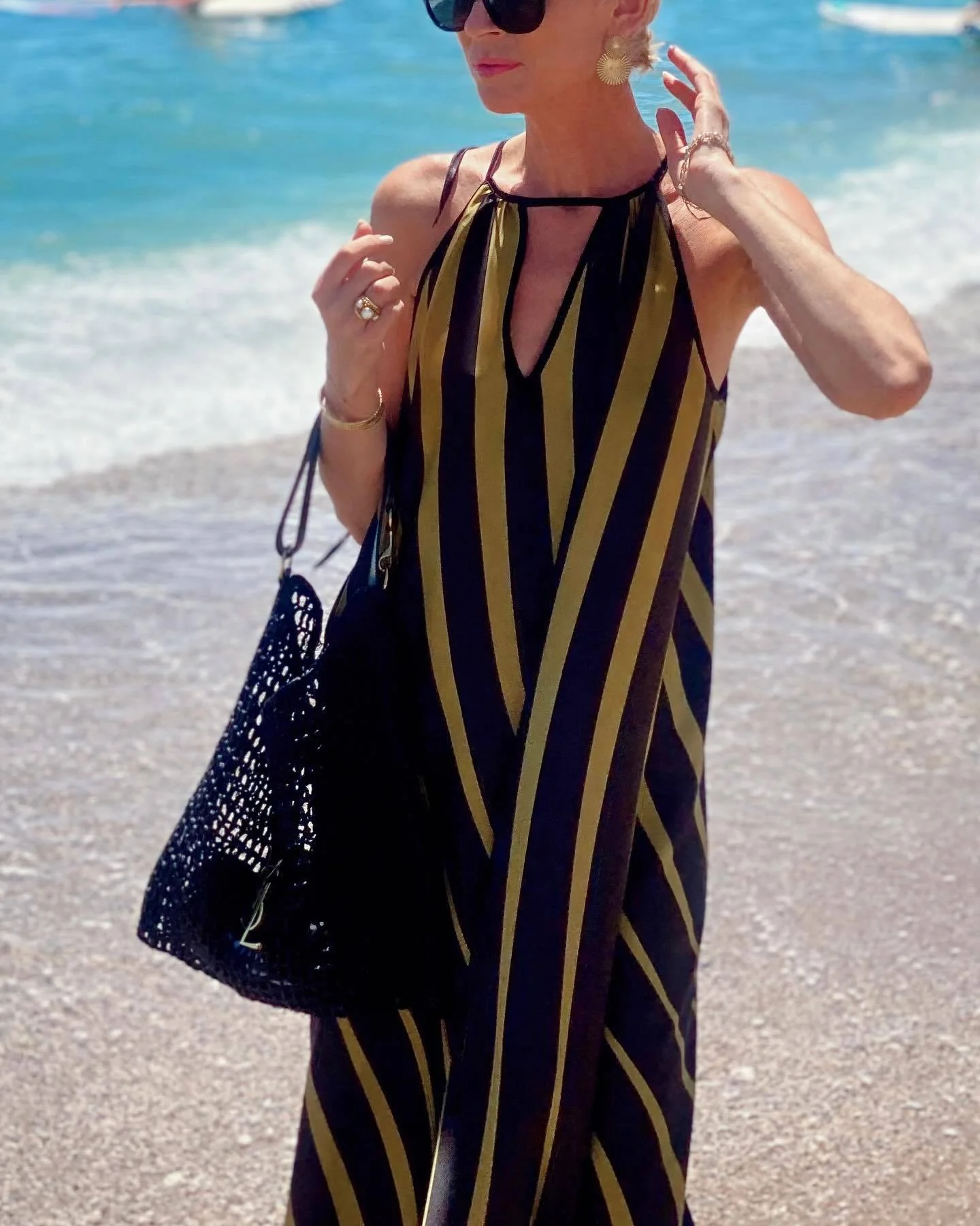 Striped Print V-Neck Lace-Up Long Dress - Image 3