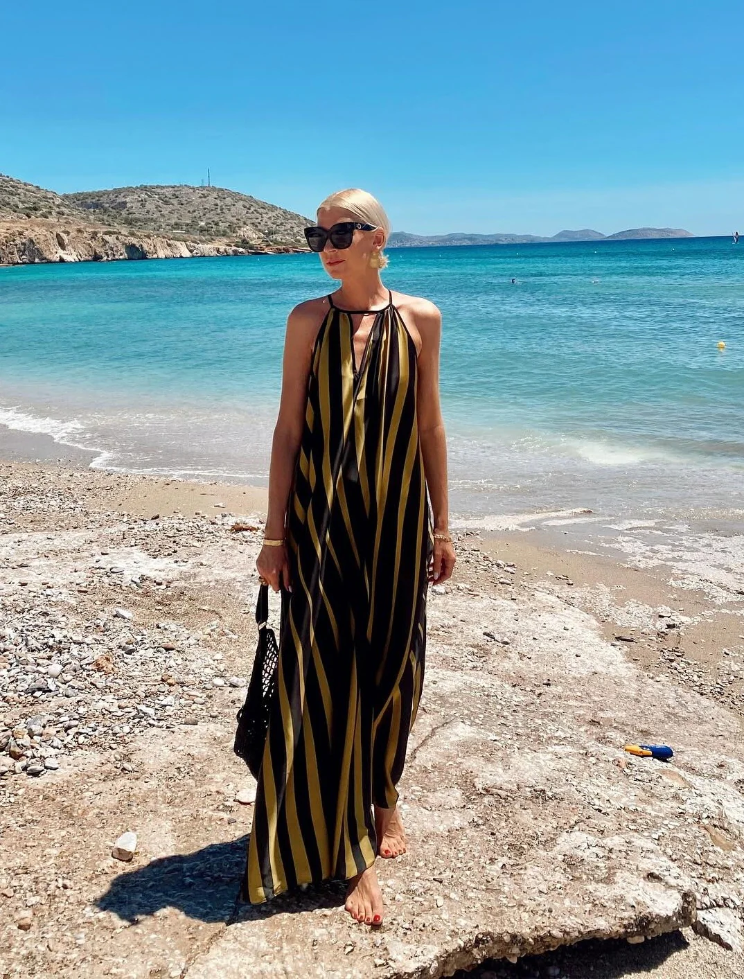 Striped Print V-Neck Lace-Up Long Dress - Image 5