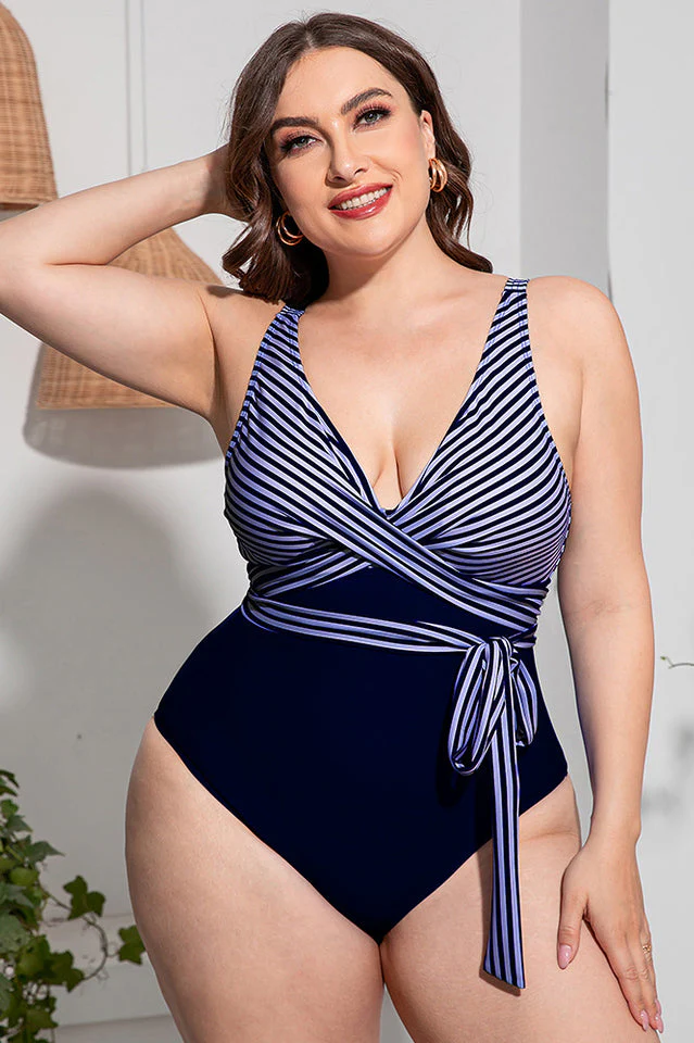 Striped Tie Waist One Piece Swimsuit - Image 9