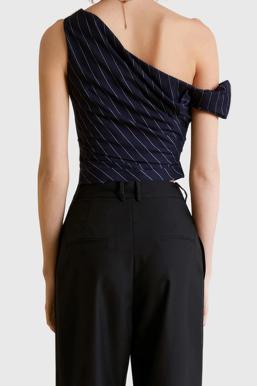 Striped Top with One Shoulder Detail - Dark Blue - Image 2