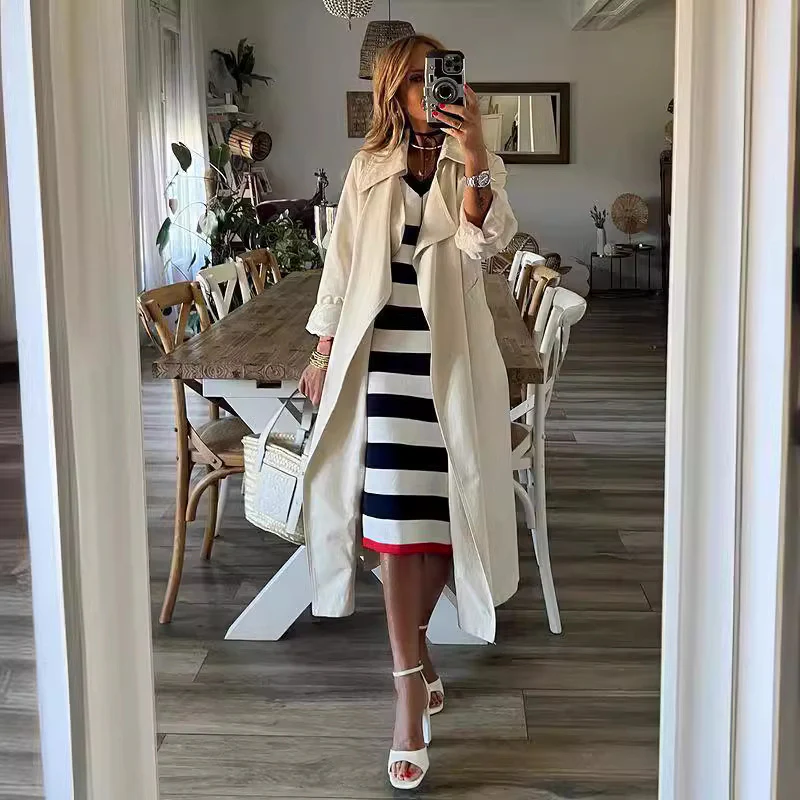 Striped V-Neck Slit Hem Casual Loose Dress - Image 3