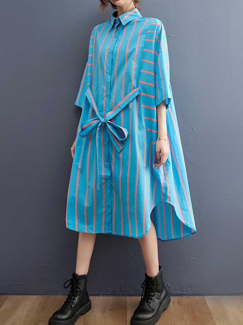 Stripes Cotton Blue Color Shirt Dress - Image 3