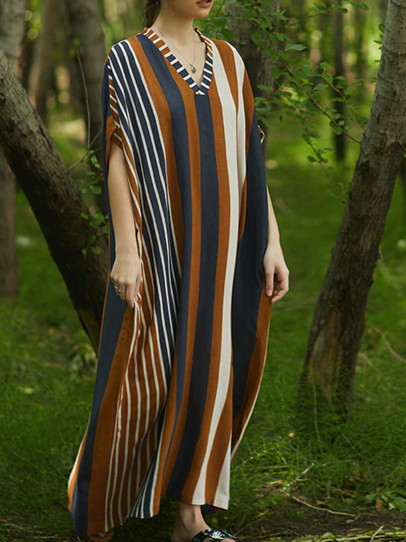 Stripes Print Multicolor Half Sleeves Kaftan Dress - Image 4