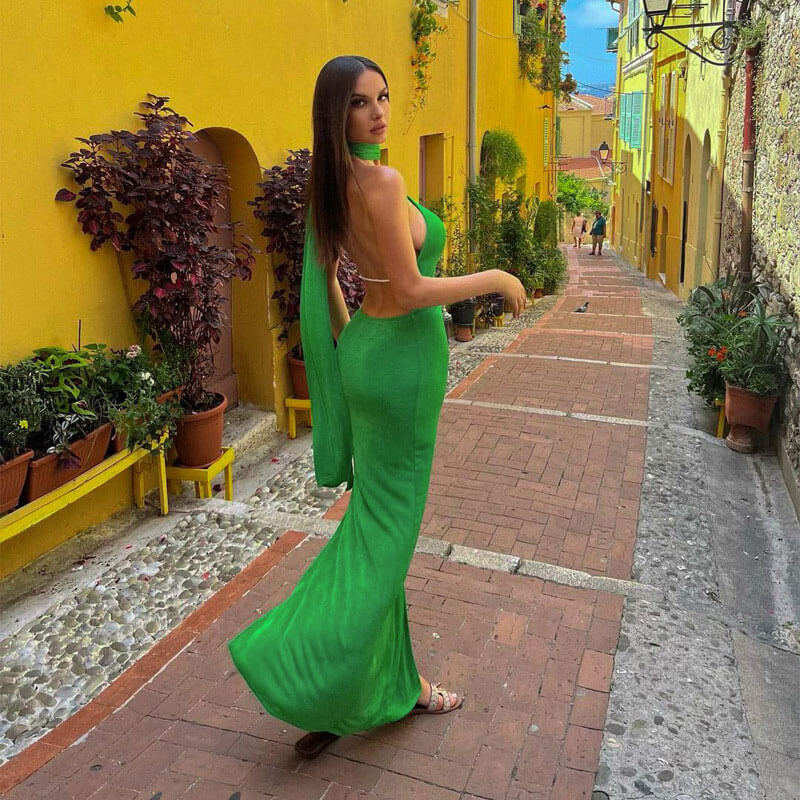 Stunning Draped Trim Low Back Sleeveless Split Formal Maxi Dress - Green - Image 2