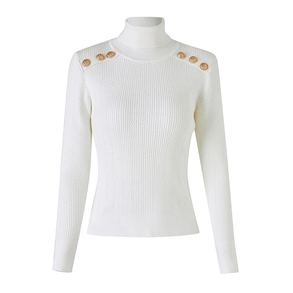 Stylish Button Detail Shoulder Pad Turtleneck Long Sleeve Cable Ribbed Knit Top - Image 2