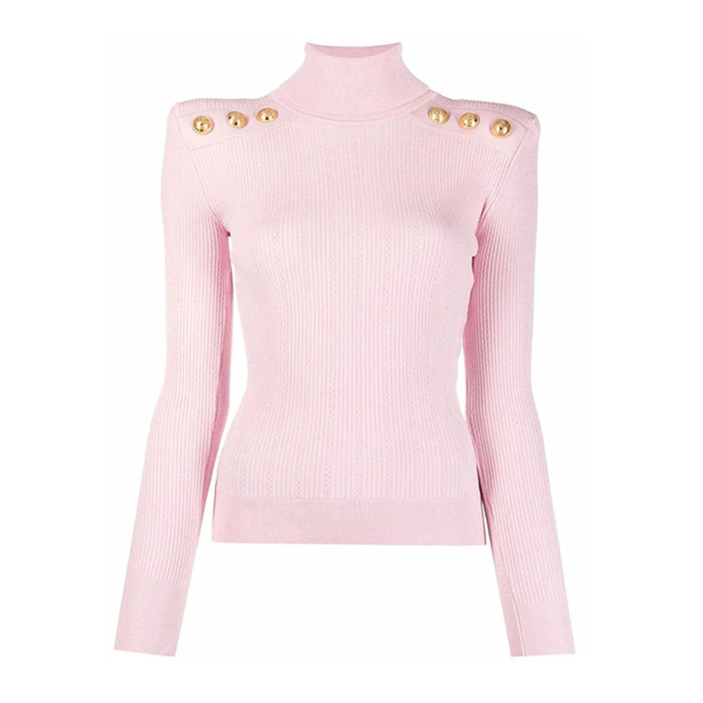 Stylish Button Detail Shoulder Pad Turtleneck Long Sleeve Cable Ribbed Knit Top - Image 3