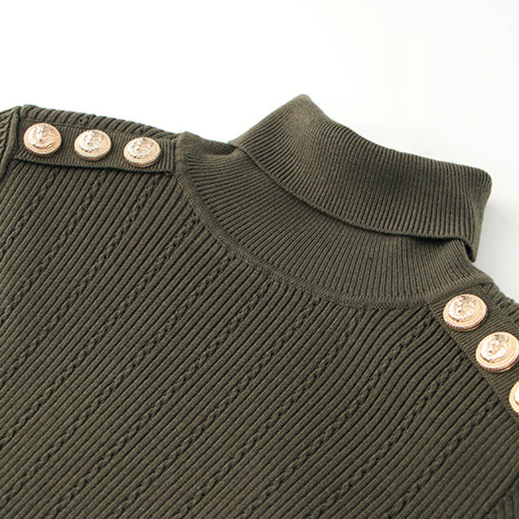 Stylish Button Detail Shoulder Pad Turtleneck Long Sleeve Cable Ribbed Knit Top - Image 7