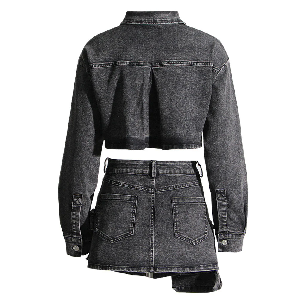 Stylish Button Down Cargo Pocket Micro Mini Denim Skirt Matching Set - Image 2