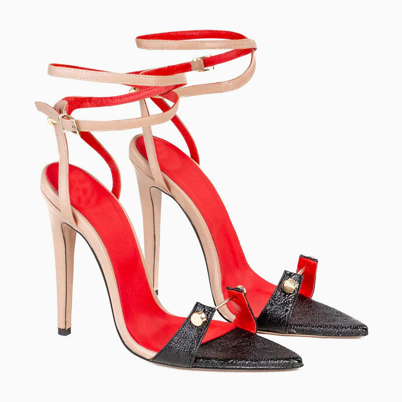 Stylish Contrast Metal Hardware Pointed Toe Ankle Wrap Stiletto Sandals - Nude - Image 5