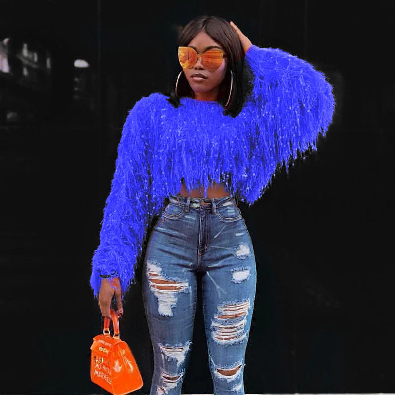 Stylish Crochet Knit Faux Fur Fringe Long Sleeve Cropped Sweater - Blue - Image 3