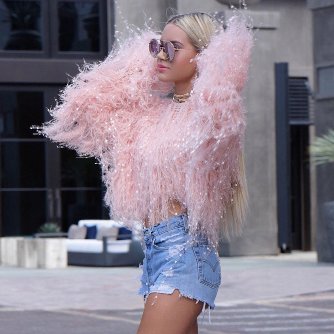 Stylish Crochet Knit Faux Fur Fringe Long Sleeve Cropped Sweater - Pink - Image 3