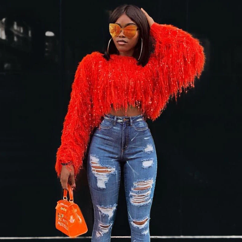 Stylish Crochet Knit Faux Fur Fringe Long Sleeve Cropped Sweater - Red - Image 4