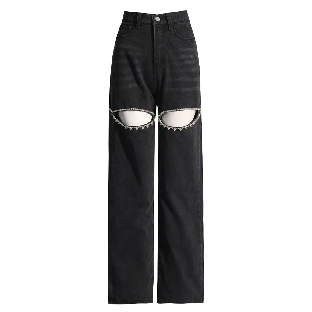 Stylish Crystal Embellished CutOut High Waist Straight Leg Denim Jeans - Image 3
