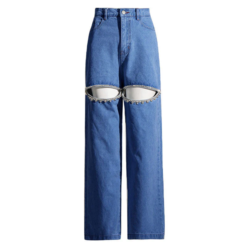 Stylish Crystal Embellished CutOut High Waist Straight Leg Denim Jeans - Image 4