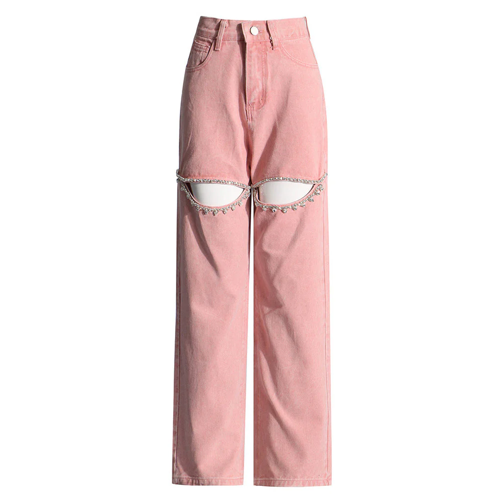Stylish Crystal Embellished CutOut High Waist Straight Leg Denim Jeans - Image 5