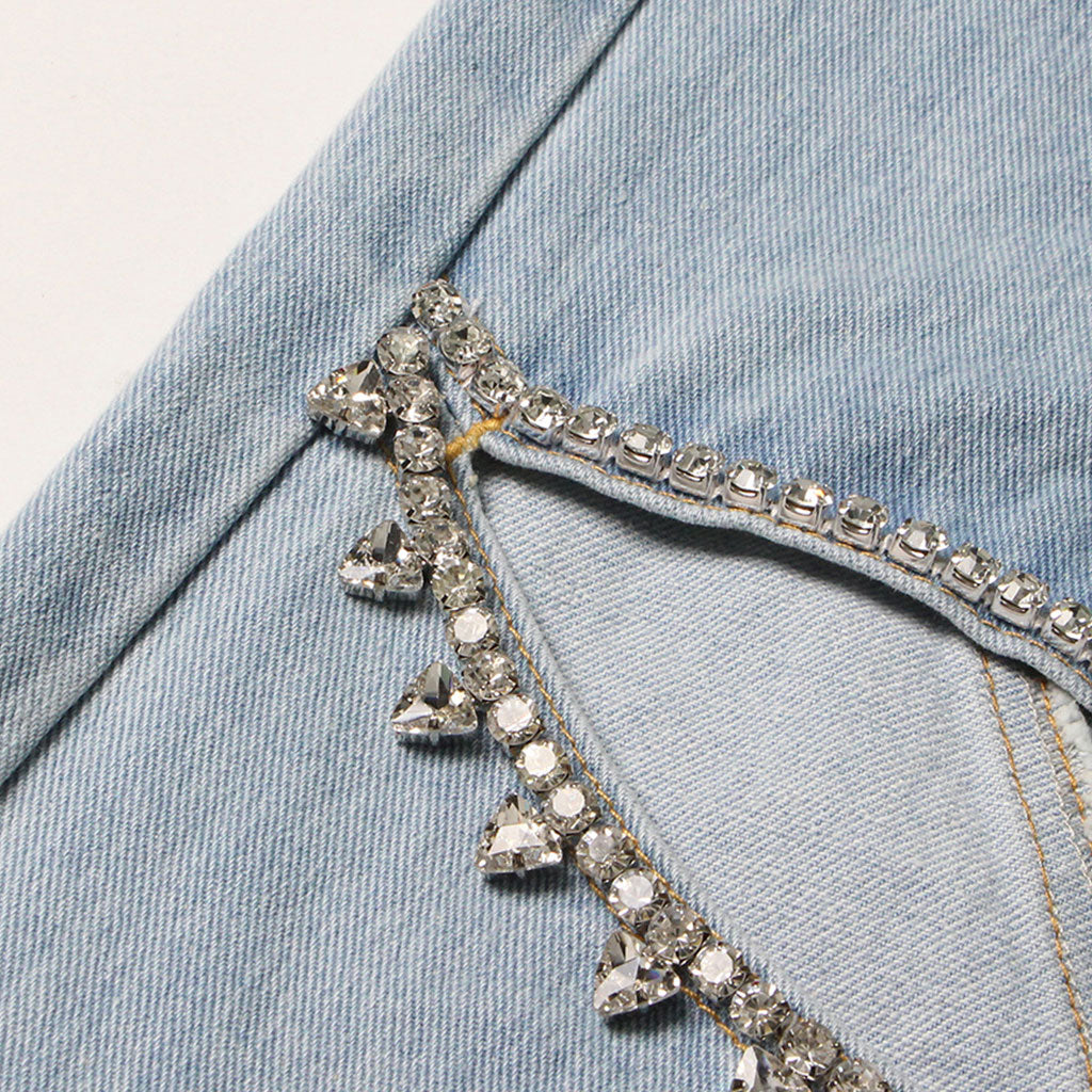 Stylish Crystal Embellished CutOut High Waist Straight Leg Denim Jeans - Image 7
