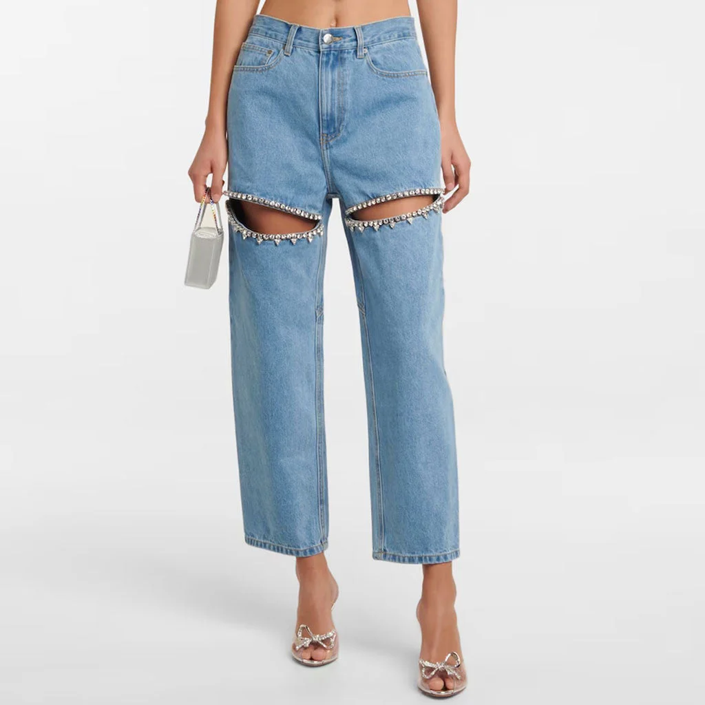 Stylish Crystal Embellished CutOut High Waist Straight Leg Denim Jeans - Image 8