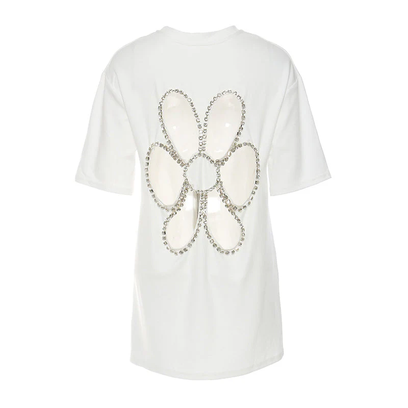 Stylish Crystal Embellished Floral CutOut Short Sleeve Relaxed T Shirt - Image 2