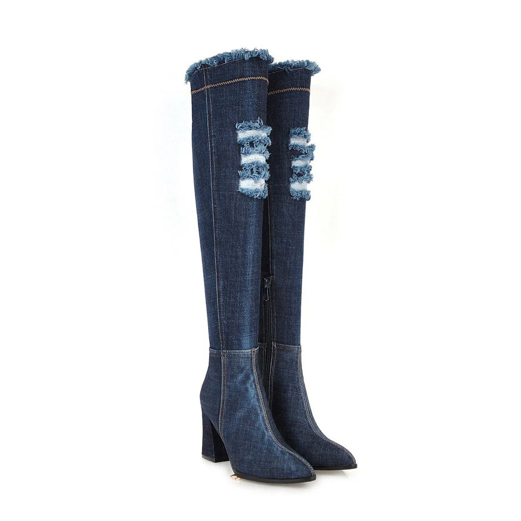 Stylish Distressed Denim Over Knee Pointed Toe Block Heel Boots - Dark Blue - Image 2