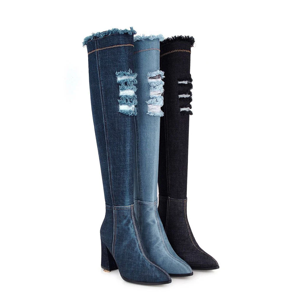 Stylish Distressed Denim Over Knee Pointed Toe Block Heel Boots - Light Blue - Image 3