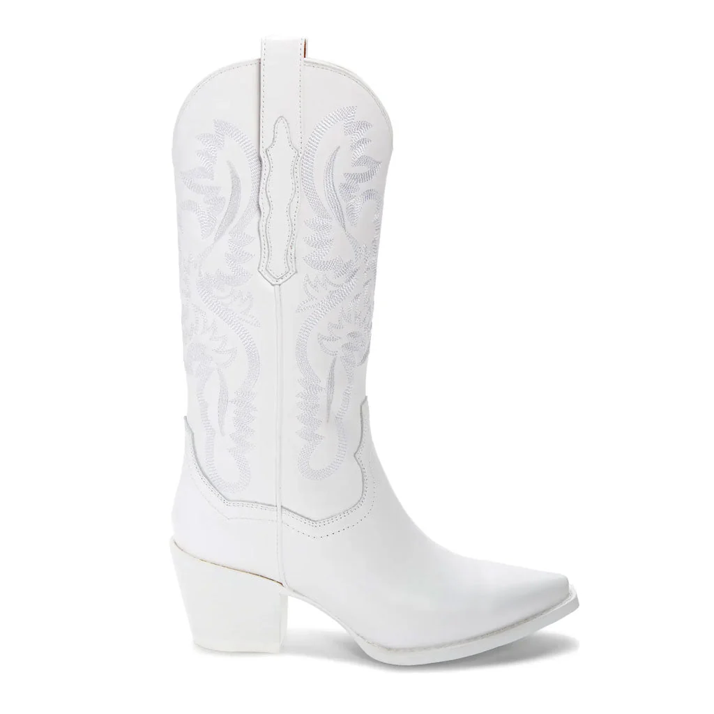 Stylish Embroidered Mid Calf Square Toe Cuban Heel Western Boots - White - Image 2