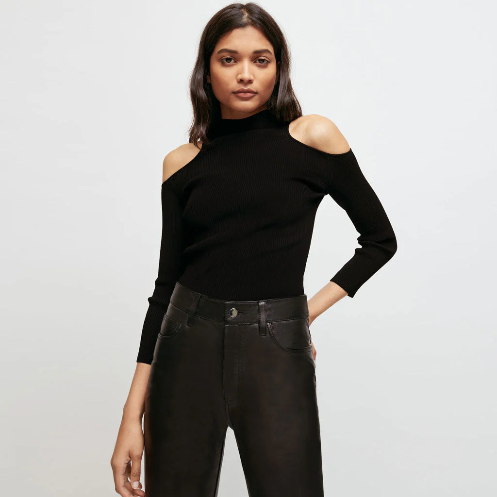 Stylish High Neck CutOut 3/4 Sleeve Rib Knit Pullover Sweater - Black - Image 2