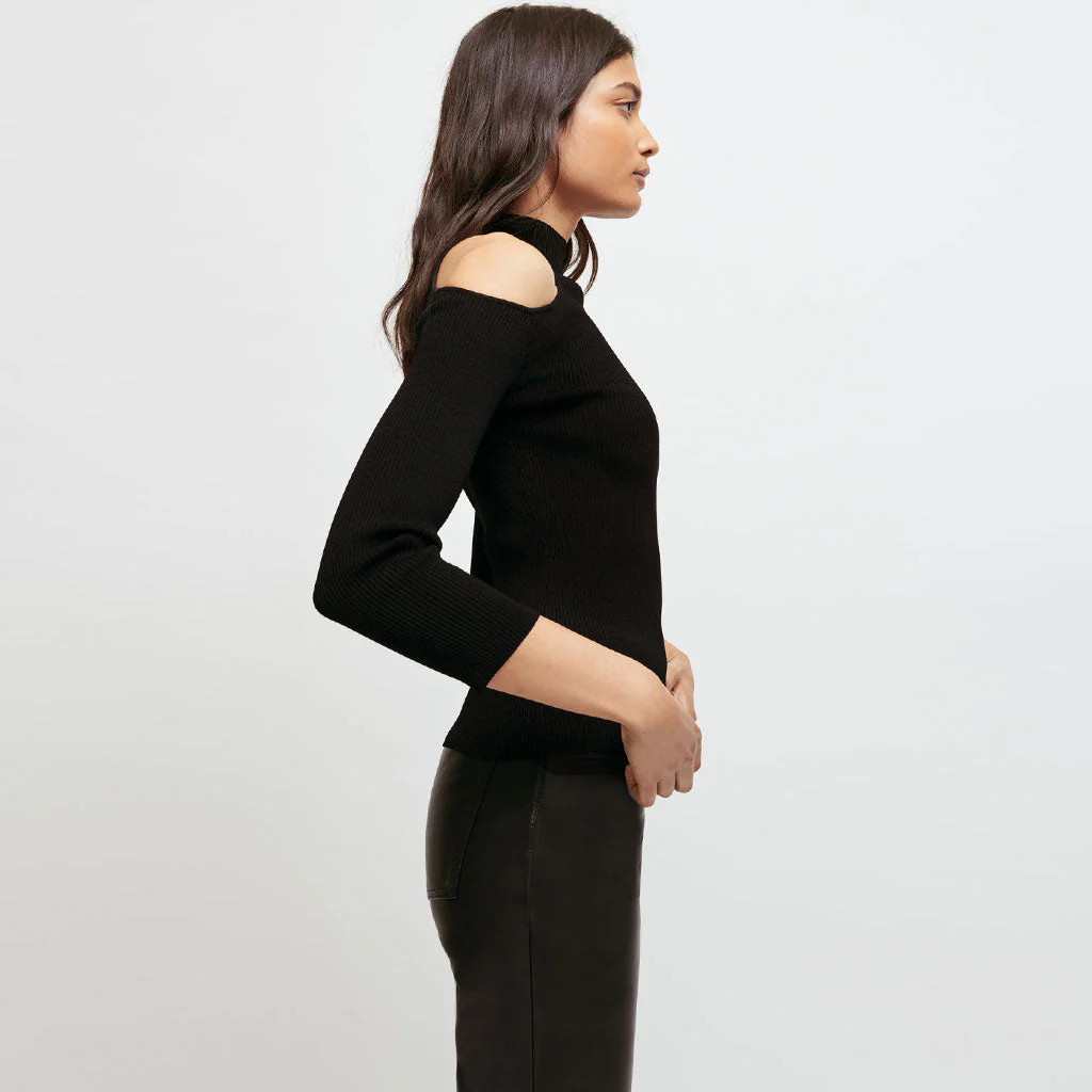 Stylish High Neck CutOut 3/4 Sleeve Rib Knit Pullover Sweater - Black - Image 3
