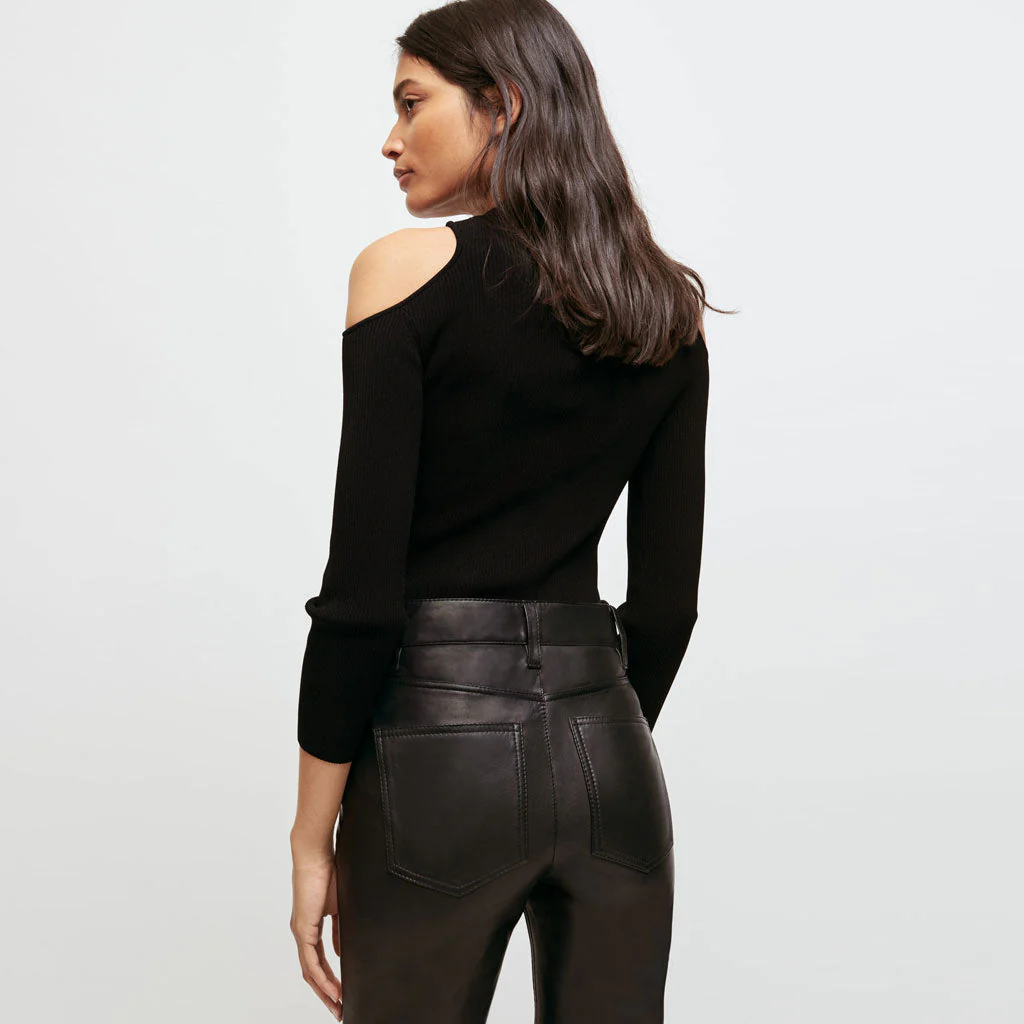 Stylish High Neck CutOut 3/4 Sleeve Rib Knit Pullover Sweater - Black - Image 4