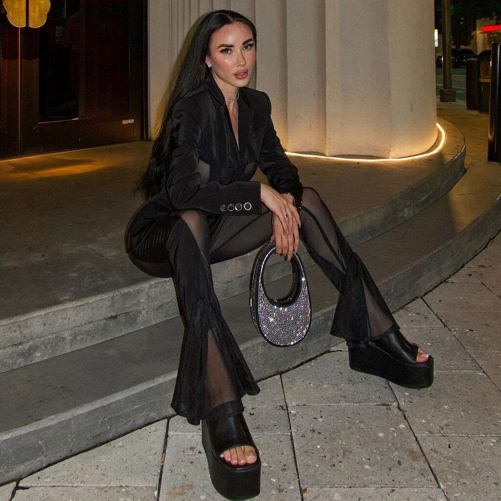 Stylish High Waist Fit and Flared Perspective Panel Sheer Mesh Pants - Image 2